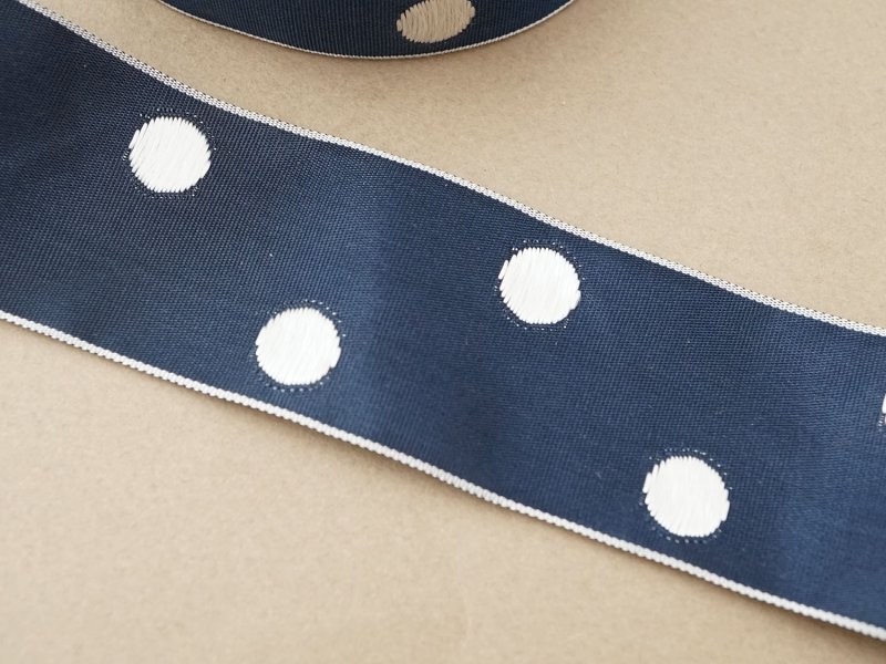 画像2: アンティーク ドット刺繍入りグログランリボン 7.1m 3.6cm幅 ネイビーブルー & ホワイト PON 222 N 9