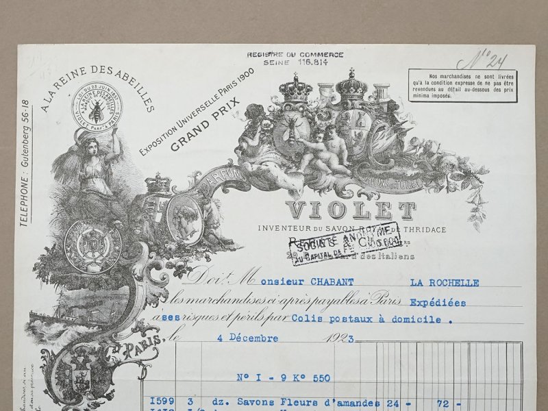 画像3: 1923年 アンティーク パフュームリー VIOLET の請求書  天使＆女王蜂 - VIOLET PARIS -