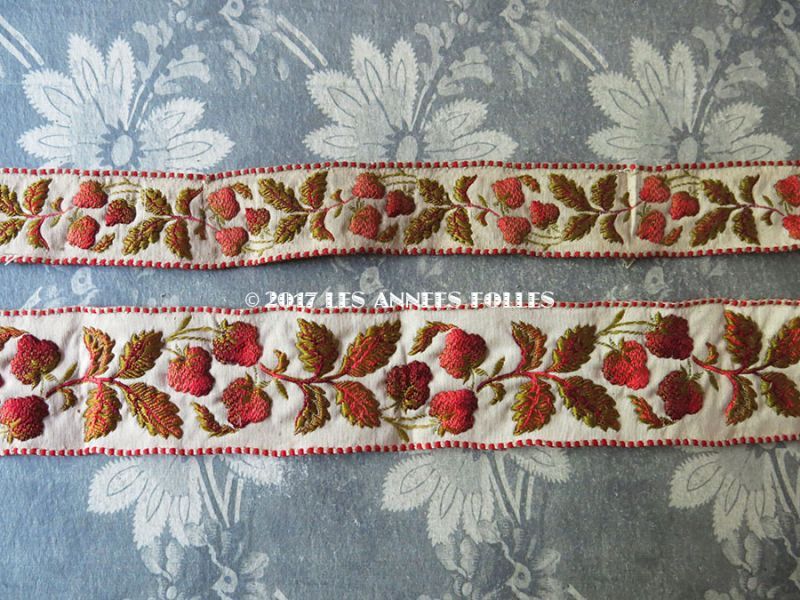 19世紀 アンティーク シルク製 リボン ジャガード織 ラズベリー柄 1m : LES ANNEES FOLLES