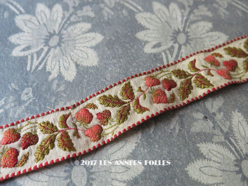 19世紀 アンティーク シルク製 リボン ジャガード織 ラズベリー柄 1m : LES ANNEES FOLLES