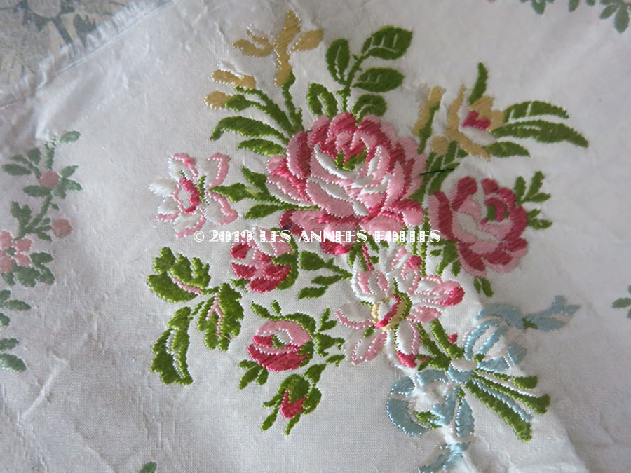 19世紀 アンティーク シルク製 ジャガード織リボン 薔薇のブーケの刺繍入り 96cm Les Annees Folles