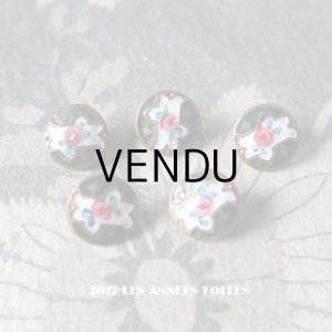 画像: アンティーク 極小 ドール用 エナメル ボタン 5ピースのセット 薔薇 ハンドペイント グリーン & ゴールド 9mm