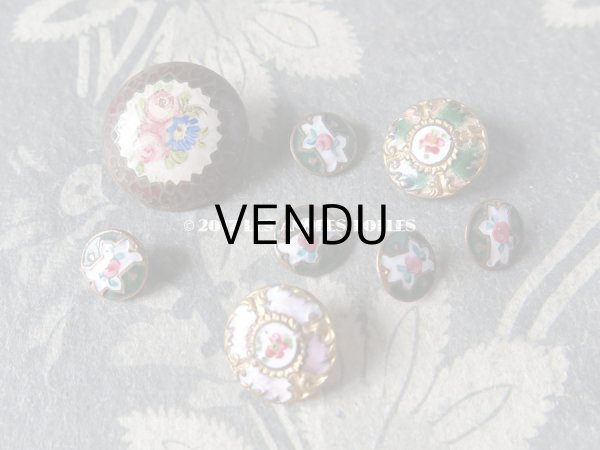 画像8: アンティーク 極小 ドール用 エナメル ボタン 5ピースのセット 薔薇 ハンドペイント グリーン & ゴールド 9mm (8)