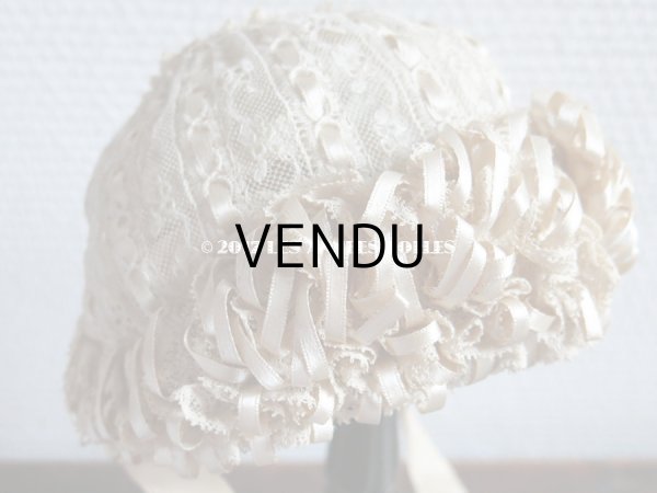 画像5: アンティーク ドール用 シルクリボンとレースのボネ (5)