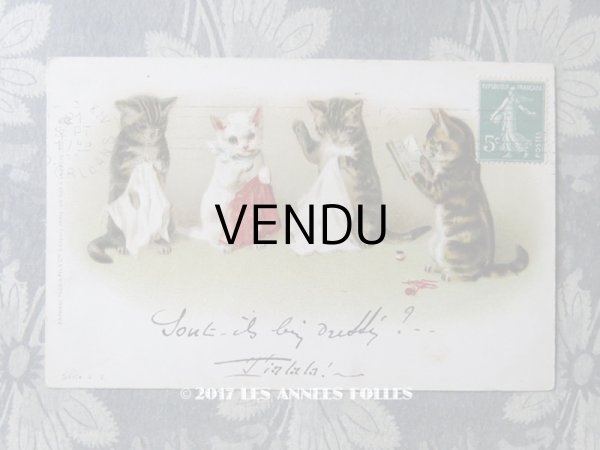 画像1: 1910年代 アンティークポストカード 裁縫する子猫たち (1)