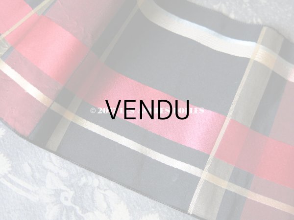 画像6: 1900年代 アンティーク シルク製 幅広 リボン 黒 & 赤 &クリームイエロー & 水色 & ワイン色の格子柄  290cm (6)