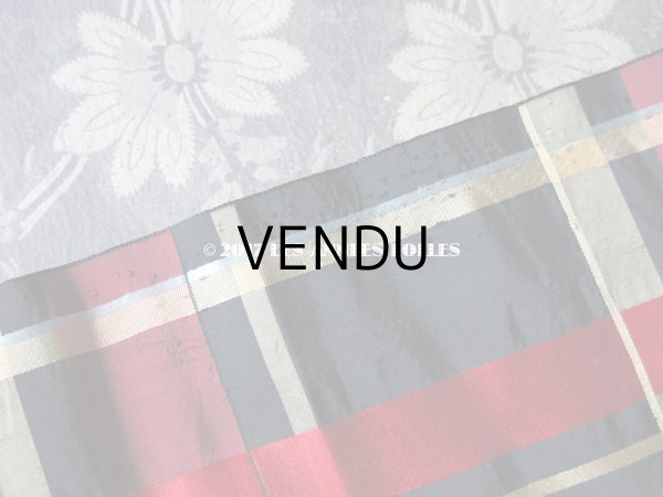 画像7: 1900年代 アンティーク シルク製 幅広 リボン 黒 & 赤 &クリームイエロー & 水色 & ワイン色の格子柄  290cm (7)