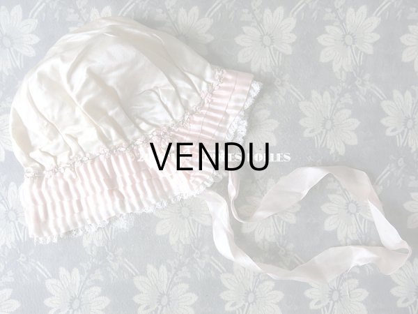 画像10: 1920年代 アンティーク ボネ ベビーピンクのフリルリボン & ロココトリム ナイトキャップ (10)