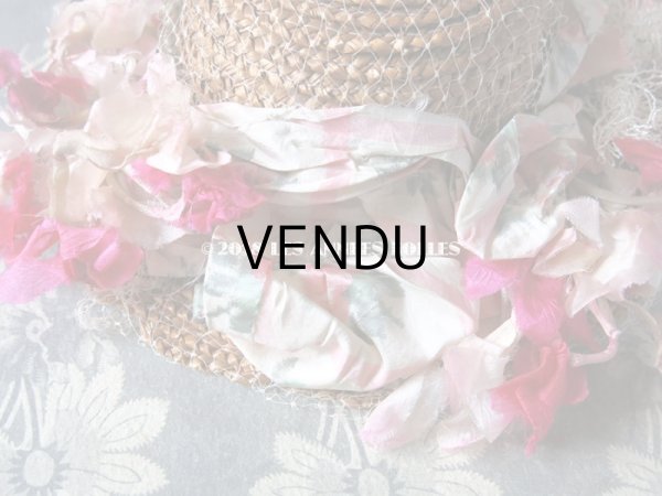 画像5: 1900年代 アンティーク ドール用 ストローハット ピンクの薔薇のぼかし織シルクリボン & コサージュ (5)