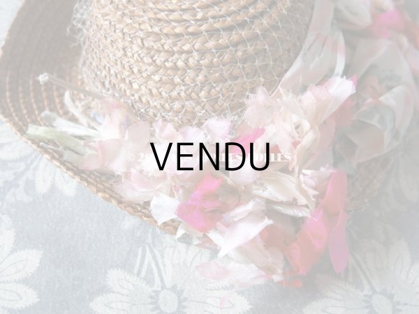 画像4: 1900年代 アンティーク ドール用 ストローハット ピンクの薔薇のぼかし織シルクリボン & コサージュ (4)