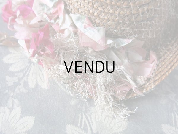 画像7: 1900年代 アンティーク ドール用 ストローハット ピンクの薔薇のぼかし織シルクリボン & コサージュ (7)