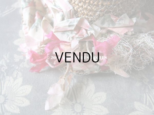 画像6: 1900年代 アンティーク ドール用 ストローハット ピンクの薔薇のぼかし織シルクリボン & コサージュ (6)