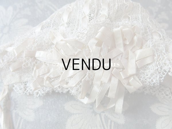 画像4: アンティーク ドール用 シルクリボン&手編みのレースのボネ (4)