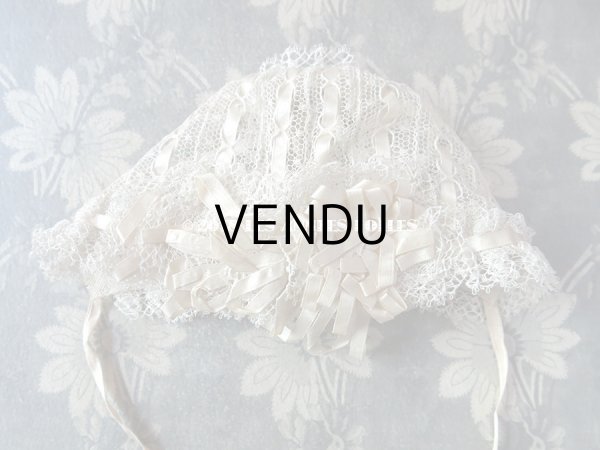 画像3: アンティーク ドール用 シルクリボン&手編みのレースのボネ (3)