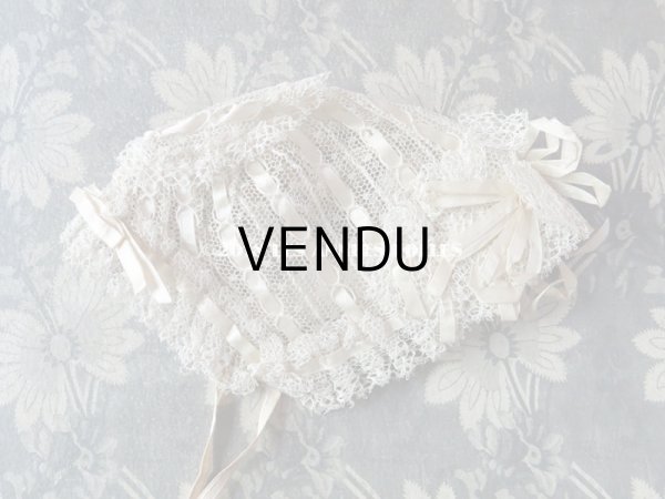 画像2: アンティーク ドール用 シルクリボン&手編みのレースのボネ (2)