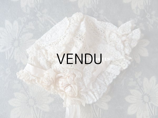 画像5: アンティーク ドール用 淡いピンクの薔薇のモチーフとレースのボネ (5)