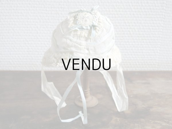 画像5: アンティーク ドール用ボネ 水色のリボン＆レースのフリル (5)