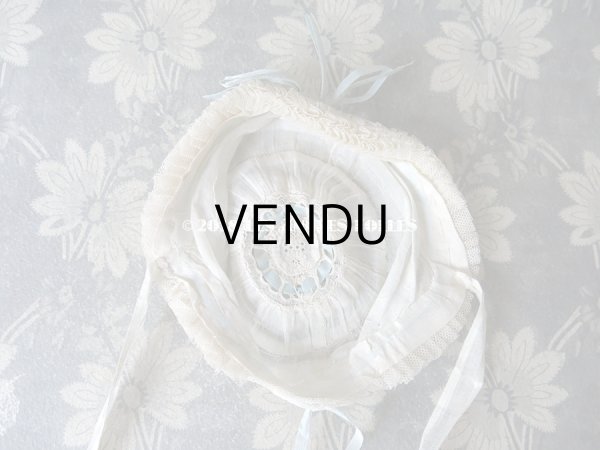 画像9: アンティーク ドール用ボネ 水色のリボン＆レースのフリル (9)