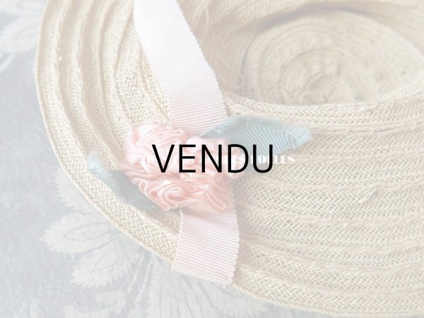 画像8: アンティーク ドール用 ストローハット 淡いピンクの布花&リボン (8)