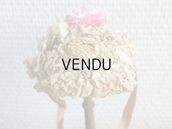 画像11: アンティーク ドール用 とても小さなストローハット 薔薇の布花とフリル (11)
