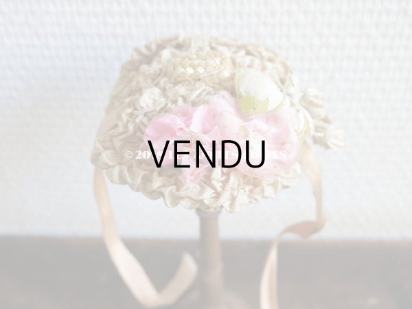 画像8: アンティーク ドール用 とても小さなストローハット 薔薇の布花とフリル (8)