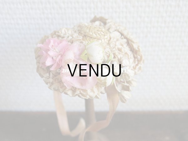 画像9: アンティーク ドール用 とても小さなストローハット 薔薇の布花とフリル (9)
