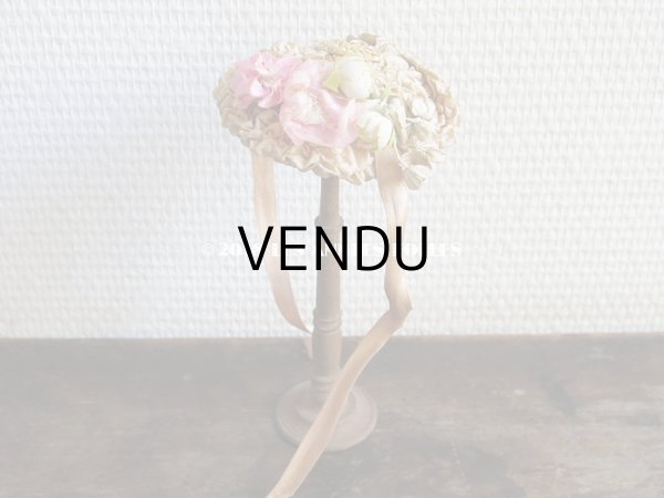画像6: アンティーク ドール用 とても小さなストローハット 薔薇の布花とフリル (6)