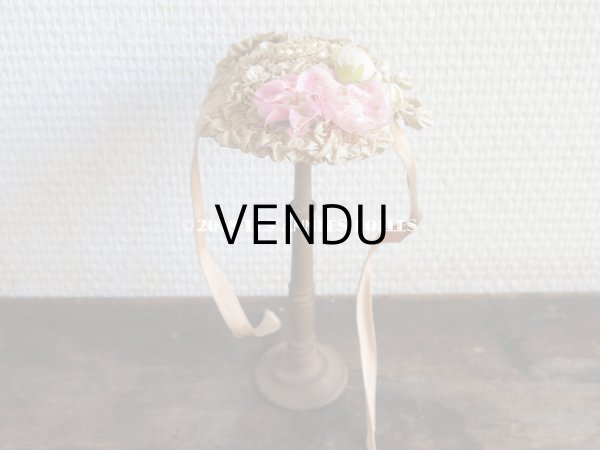画像7: アンティーク ドール用 とても小さなストローハット 薔薇の布花とフリル (7)