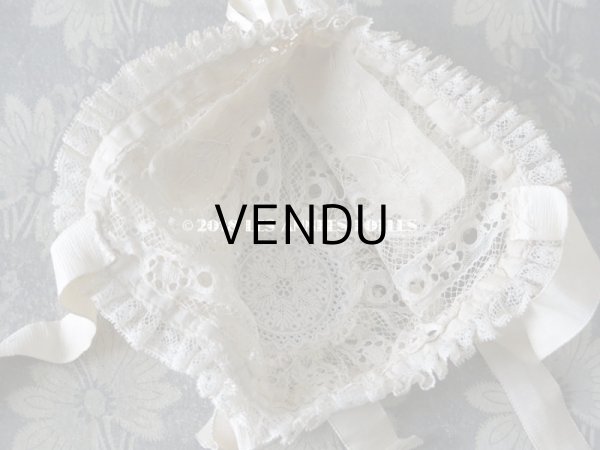 画像13: アンティーク ドール用 シルクリボン＆手編みのレースのボネ (13)