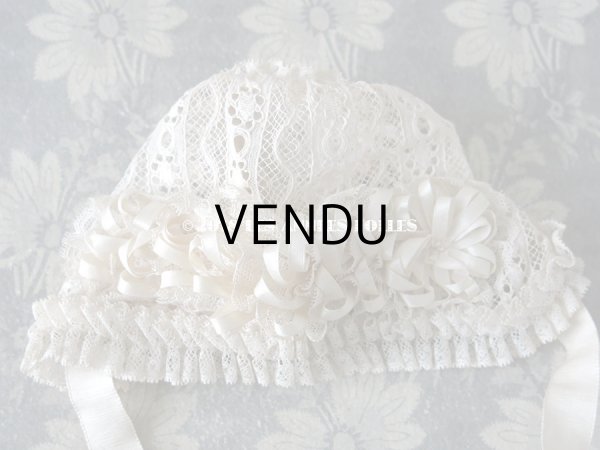 画像8: アンティーク ドール用 シルクリボン＆手編みのレースのボネ (8)