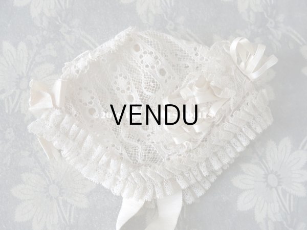 画像7: アンティーク ドール用 シルクリボン＆手編みのレースのボネ (7)