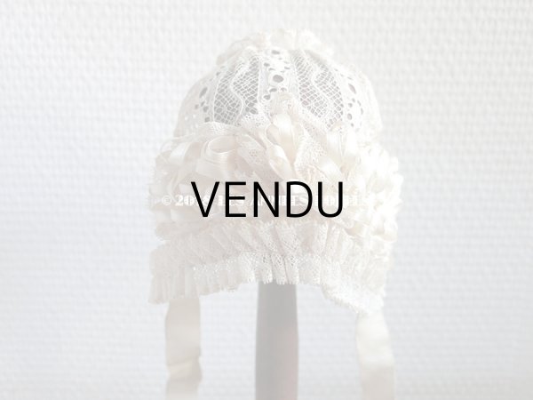 画像3: アンティーク ドール用 シルクリボン＆手編みのレースのボネ (3)