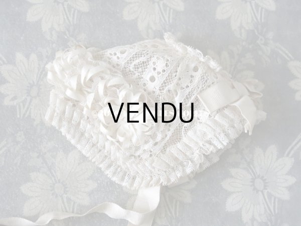 画像6: アンティーク ドール用 シルクリボン＆手編みのレースのボネ (6)