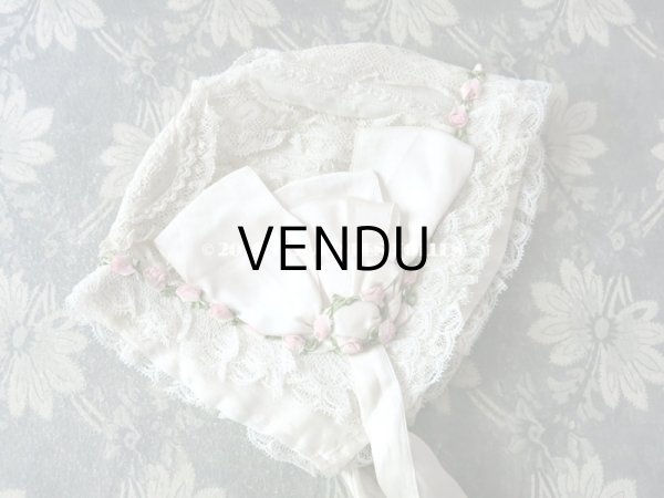 画像6: 1920年代 アンティーク 少女用 ボネ ピンクのロココトリム ＆ オフホワイトの幅広リボン付 (6)