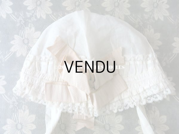 画像5: 1900年代 アンティーク 少女用 レースのボネ グレイッシュピンクのシルクリボン ナイトキャップ (5)