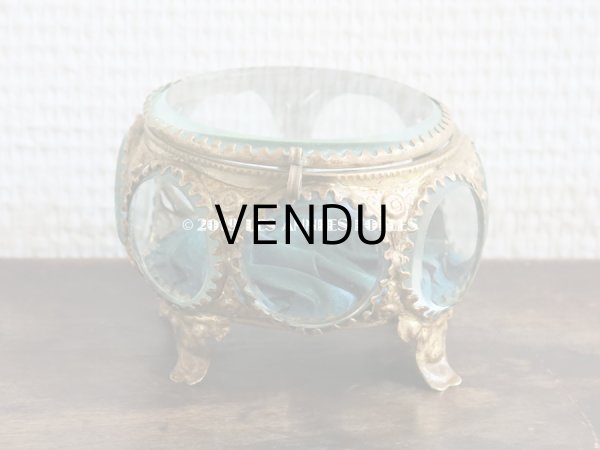 画像3: アンティーク 7角形のジュエリーボックス スモーキーブルー・グリーンのシルク製クッション (3)