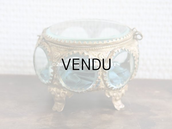 画像5: アンティーク 7角形のジュエリーボックス スモーキーブルー・グリーンのシルク製クッション (5)