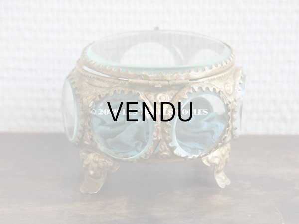 画像4: アンティーク 7角形のジュエリーボックス スモーキーブルー・グリーンのシルク製クッション (4)