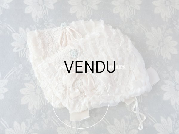 画像6: アンティーク ボネ パールピンクのリボンワーク & 水色の薔薇のロココモチーフ シルクオーガンジーのフリル (6)