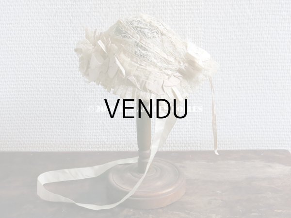 画像13: 新品同様 1891年 アンティーク バテム用　レースのボネ グレイッシュピンクのシルクリボン (13)