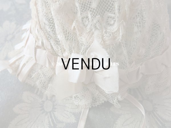 画像7: 新品同様 1891年 アンティーク バテム用　レースのボネ グレイッシュピンクのシルクリボン (7)