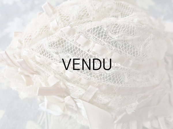 画像10: 新品同様 1891年 アンティーク バテム用　レースのボネ グレイッシュピンクのシルクリボン (10)