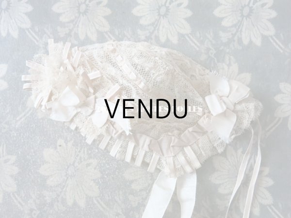 画像3: 新品同様 1891年 アンティーク バテム用　レースのボネ グレイッシュピンクのシルクリボン (3)