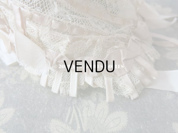 画像9: 新品同様 1891年 アンティーク バテム用　レースのボネ グレイッシュピンクのシルクリボン (9)