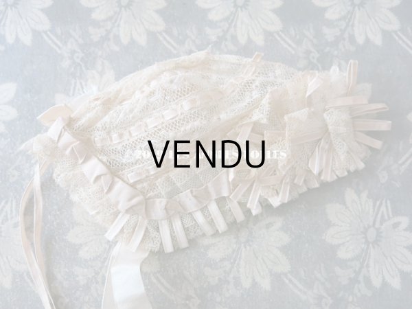 画像4: 新品同様 1891年 アンティーク バテム用　レースのボネ グレイッシュピンクのシルクリボン (4)