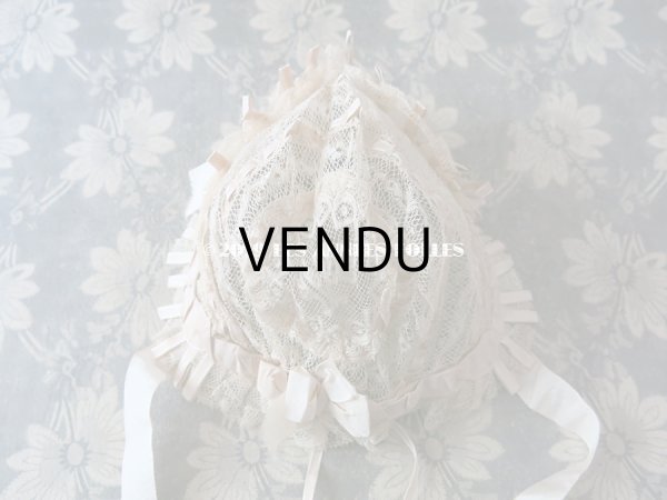 画像5: 新品同様 1891年 アンティーク バテム用　レースのボネ グレイッシュピンクのシルクリボン (5)