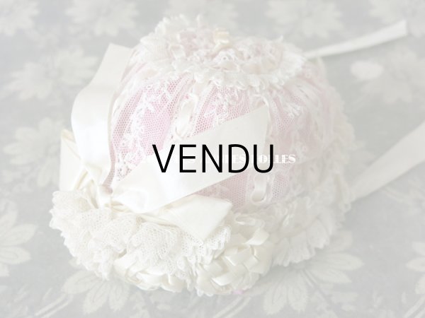 画像4: アンティーク ドール & ベビー用 大きな薔薇のリボンワーク付 シルクリボン＆レースのボネ (4)