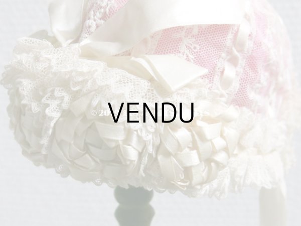 画像11: アンティーク ドール & ベビー用 大きな薔薇のリボンワーク付 シルクリボン＆レースのボネ (11)