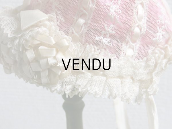 画像12: アンティーク ドール & ベビー用 大きな薔薇のリボンワーク付 シルクリボン＆レースのボネ (12)