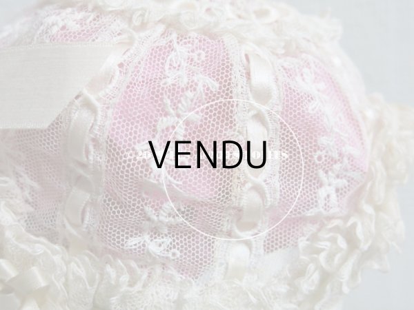 画像13: アンティーク ドール & ベビー用 大きな薔薇のリボンワーク付 シルクリボン＆レースのボネ (13)